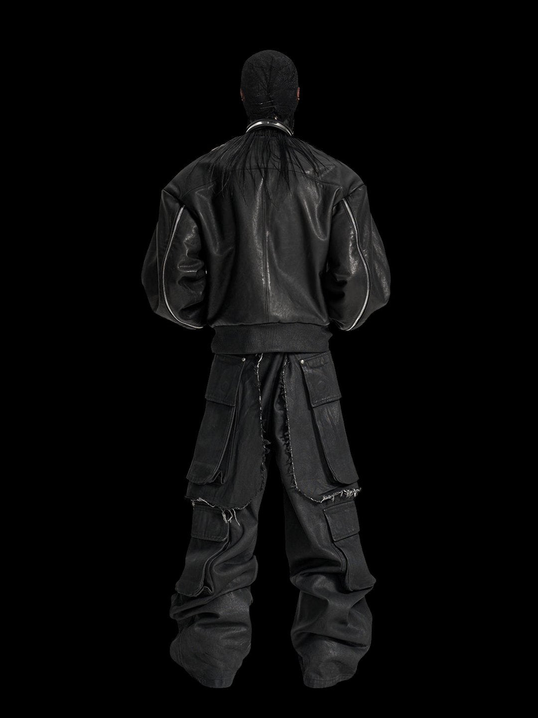 SERONINE VAR-45 Black Zip-Sleeve Leather Bomber Jacket - back full-length outfit