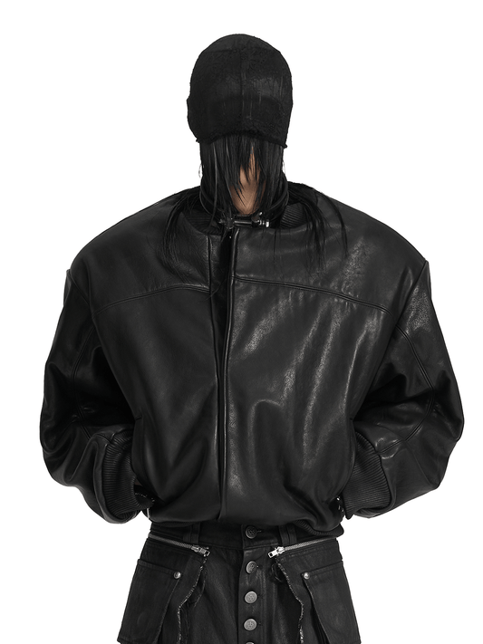 VAR-45 black leather bomber jacket front view in a SERONINE streetwear outfit