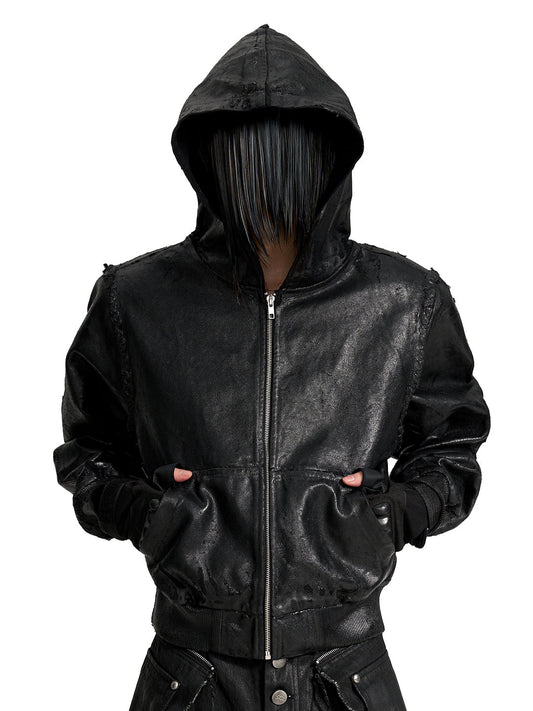 VAR-44 coated canvas hoodie front view in a SERONINE streetwear outfit