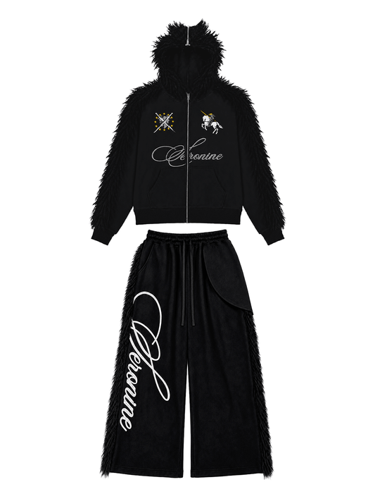 VAR-42 black tracksuit outfit front view in a SERONINE streetwear outfit