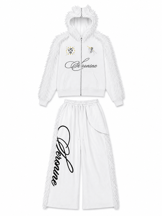 VAR-41 white tracksuit outfit front view in a SERONINE streetwear outfit