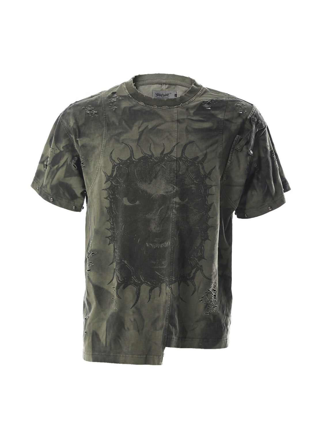 SER-RAG3 black cotton designer graphic tee with dye-treated surface and thorn artwork on front