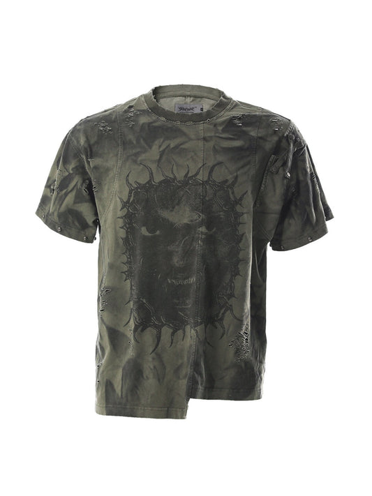SER-RAG3 black cotton designer graphic tee with dye-treated surface and thorn artwork on front