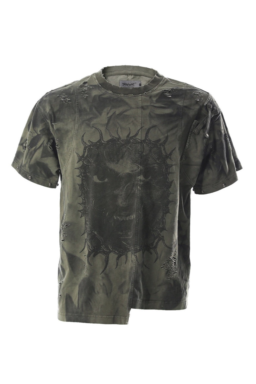 SER-RAG3 black cotton distressed graphic tee with dye-treated surface and thorn artwork on front