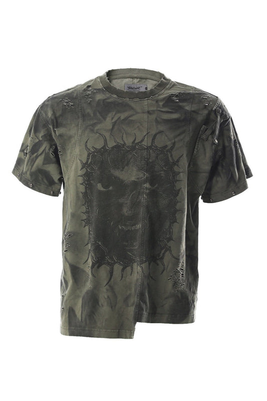 SER-RAG3 black cotton distressed graphic tee with dye-treated surface and thorn artwork on front