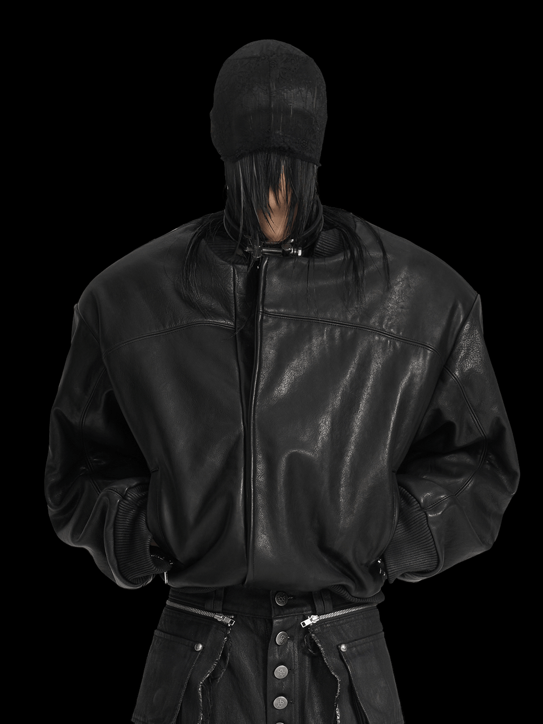 SERONINE VAR-45 Black Zip-Sleeve Leather Bomber Jacket - front fit on model