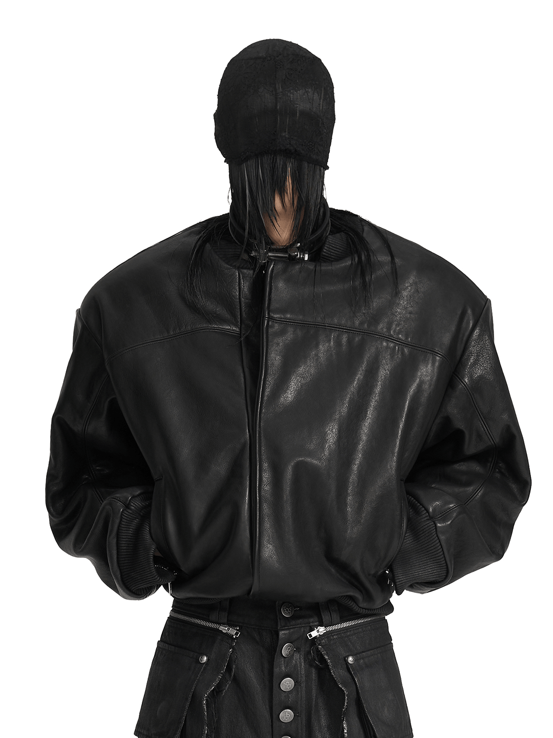 VAR-45 Rift Form Zip-Sleeve Leather Bomber with black leather, zip-sleeve construction, sculptural paneling, and cropped volume.
