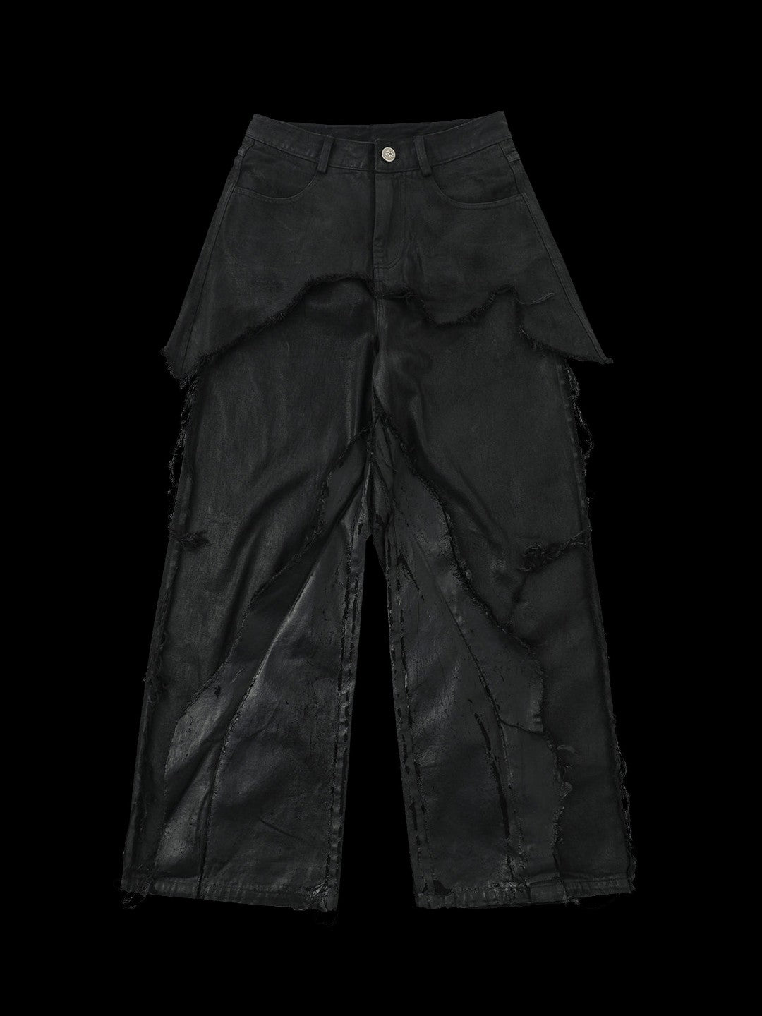 SERONINE VAR-46 Black Wax-Crack Distressed Wide-Leg Jeans - front flat lay
