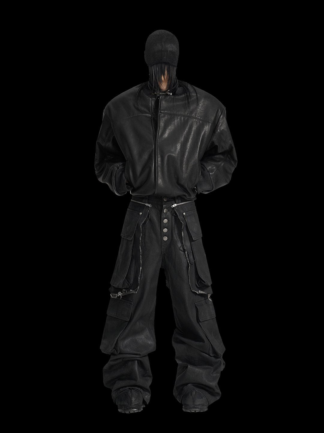 SERONINE VAR-45 Black Zip-Sleeve Leather Bomber Jacket - front full-length outfit