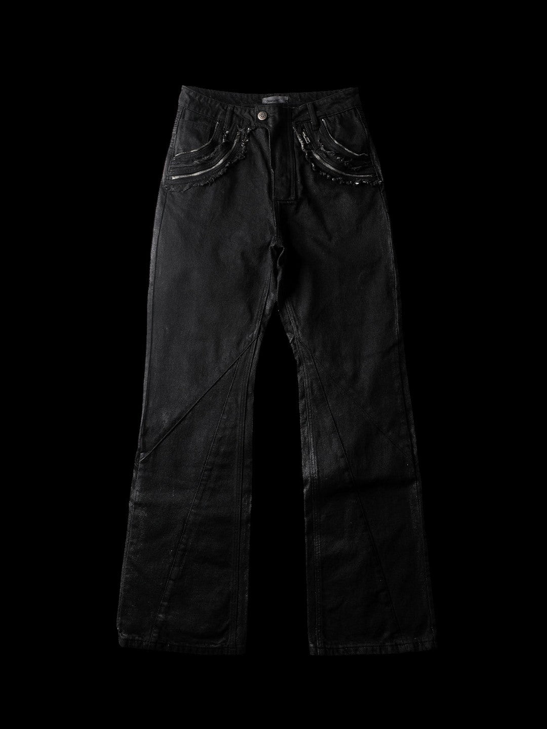 SERONINE CTX-54 Wax-Coated Frayed-Edge Zip Denim Pants - front flat lay