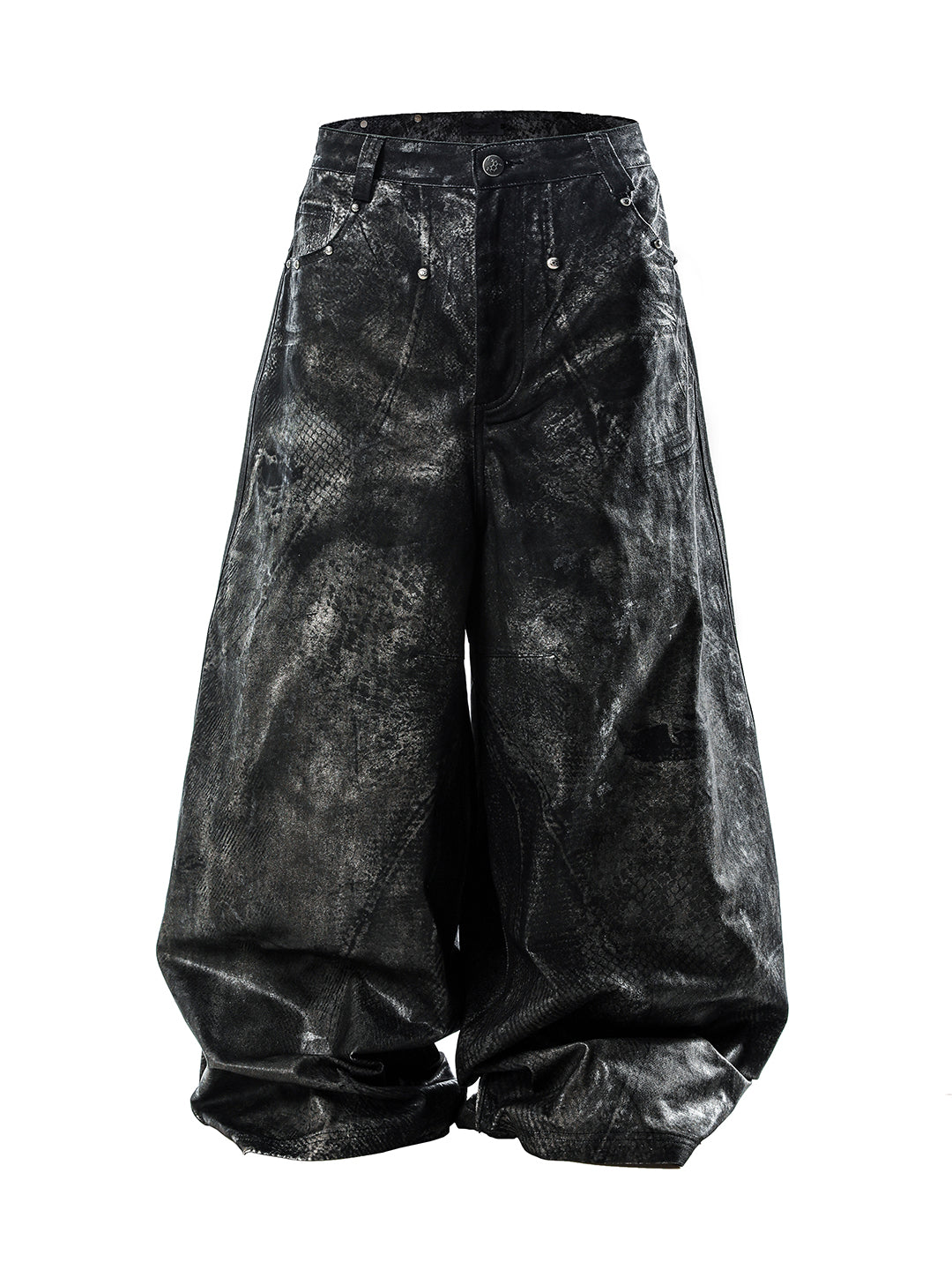SER-MIM2 Failed Mimicry Lowerform washed black denim pants with heavier hand-sprayed pigment, hand-waxed finish, and raw lowerform silhouette.