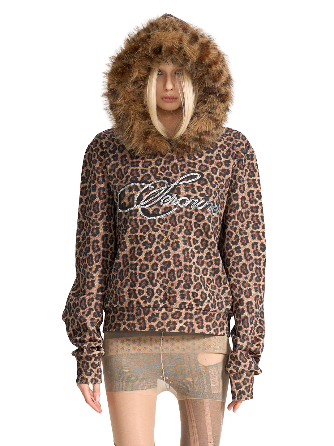 SERONINE VAR-40 Leopard Print Faux-Fur Hood Hoodie - front hood and chest view on model
