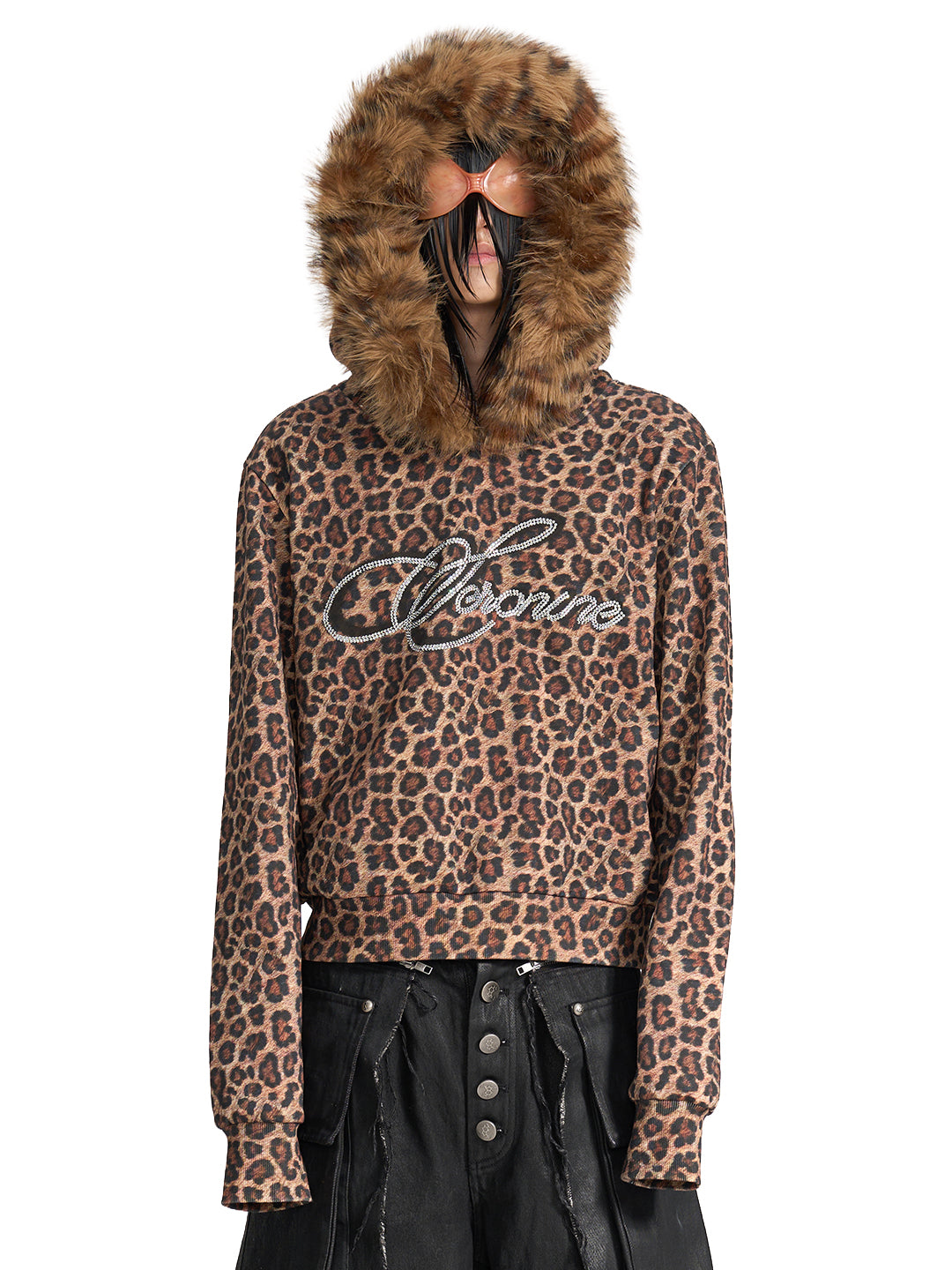 SERONINE VAR-40 Leopard Print Faux-Fur Hood Hoodie - front fit with faux-fur hood