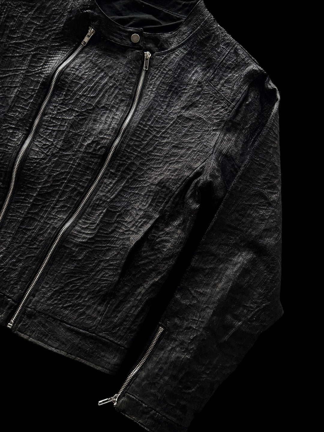 SERONINE CTX-51 Waxed Texture Crackle Double-Zip Jacket - angled front view