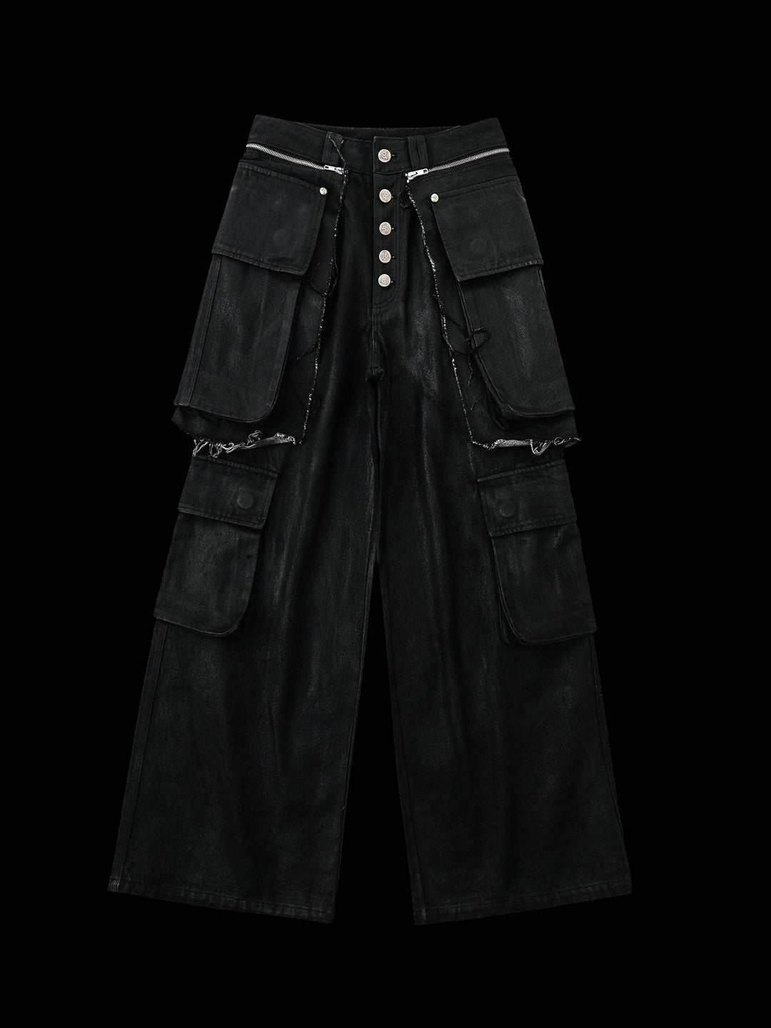 SERONINE VAR-47 Black Wax-Brushed Layered Wide-Leg Jeans - front flat lay