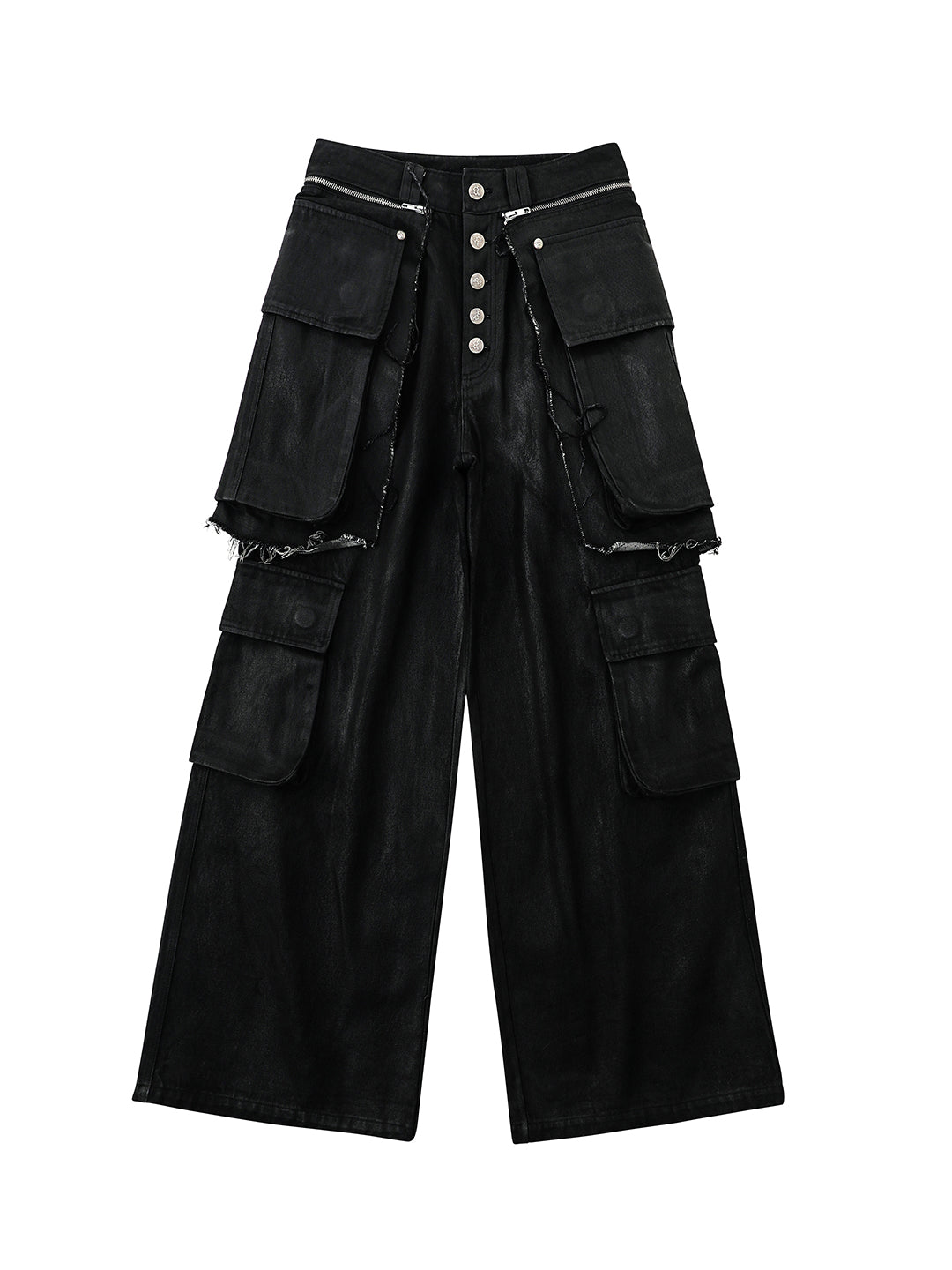VAR-47 Hinge Form Wax-Brushed Denim Pants with 14oz denim, layered cargo structure, wide-leg volume, and hand-distressed coated surface.