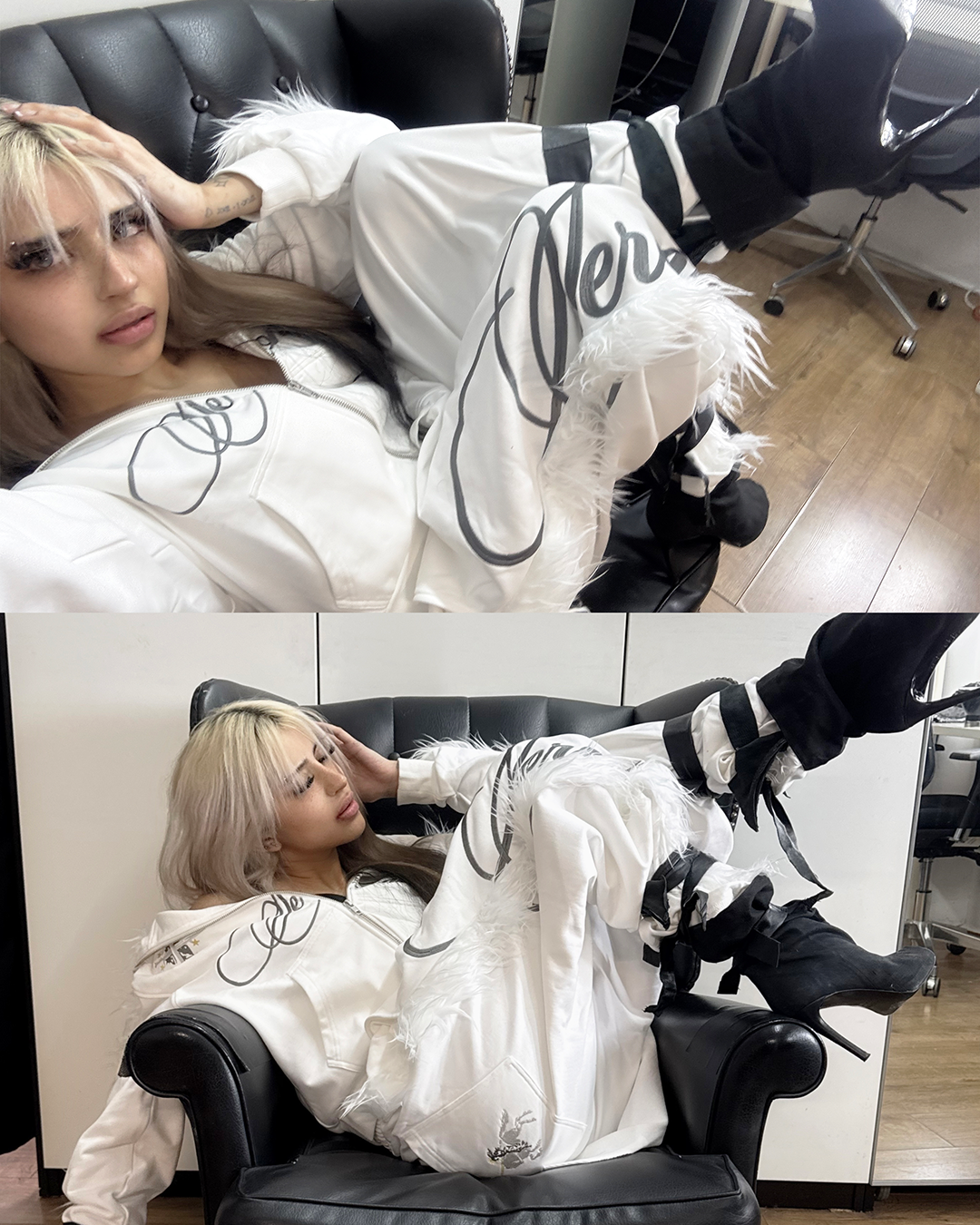 SERONINE VAR-41 White Mohawk Fleece-Trim Hoodie & Pants Set - pants styling collage