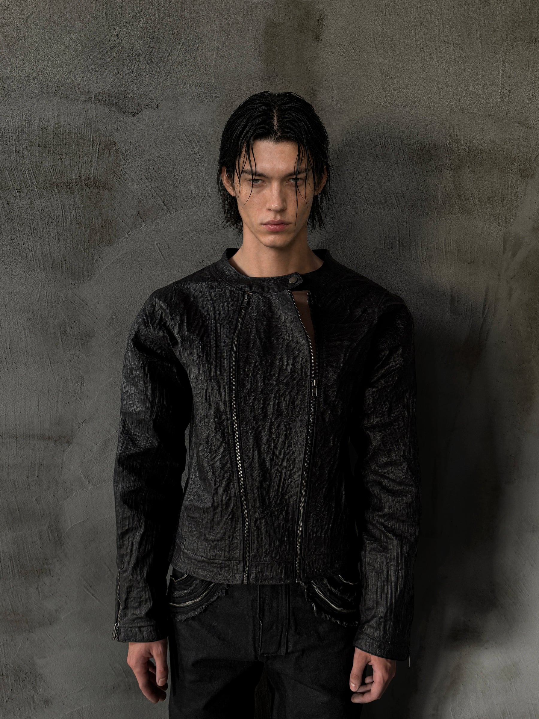 CTX-51 Waxed Texture Crackle Double-Zip Jacket