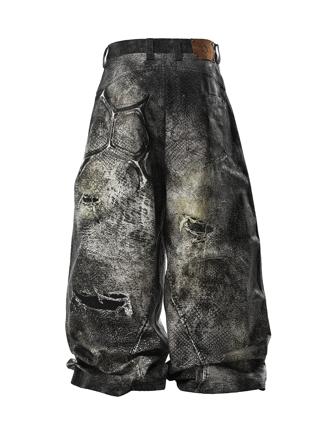 SER-MIM1 Failed Mimicry Lowerform washed black denim pants back view with misregistered snakeskin texture and hand-applied wax brushing by SERONINE.