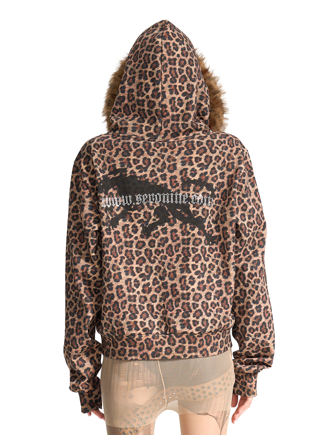 SERONINE VAR-40 Leopard Print Faux-Fur Hood Hoodie - back hood and graphic view on model