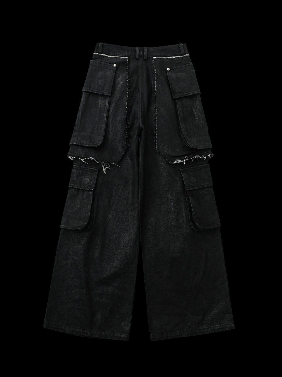 SERONINE VAR-47 Black Wax-Brushed Layered Wide-Leg Jeans - back flat lay