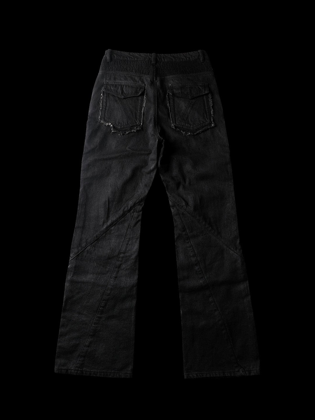 SERONINE CTX-54 Wax-Coated Frayed-Edge Zip Denim Pants - back flat lay