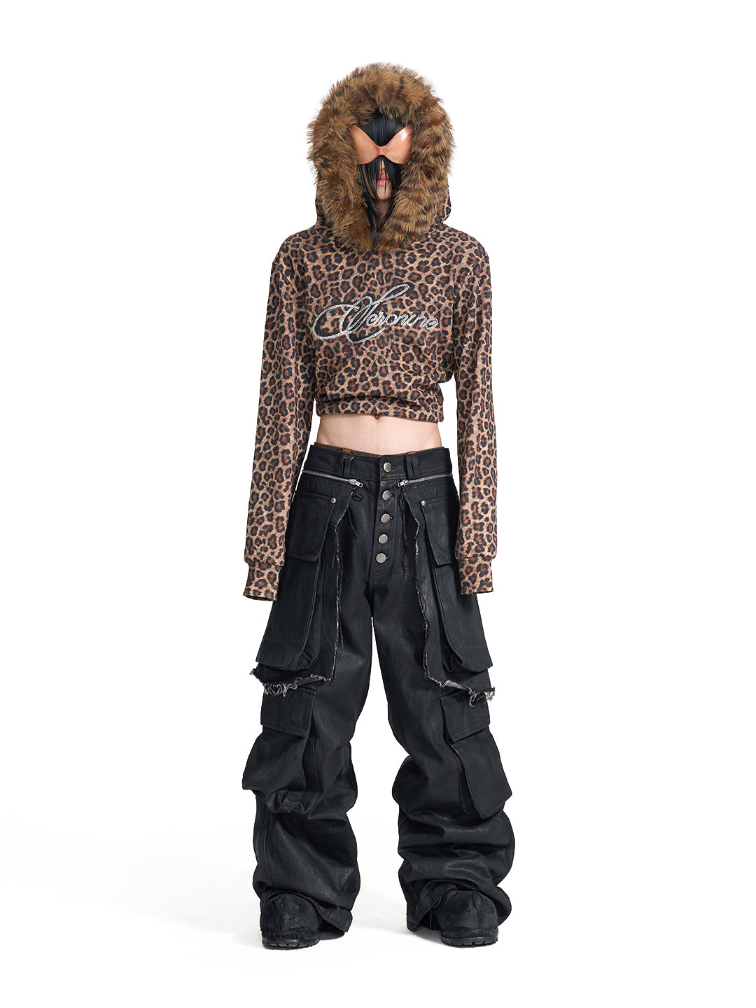 SERONINE VAR-40 Leopard Print Faux-Fur Hood Hoodie - front full-length fit on model