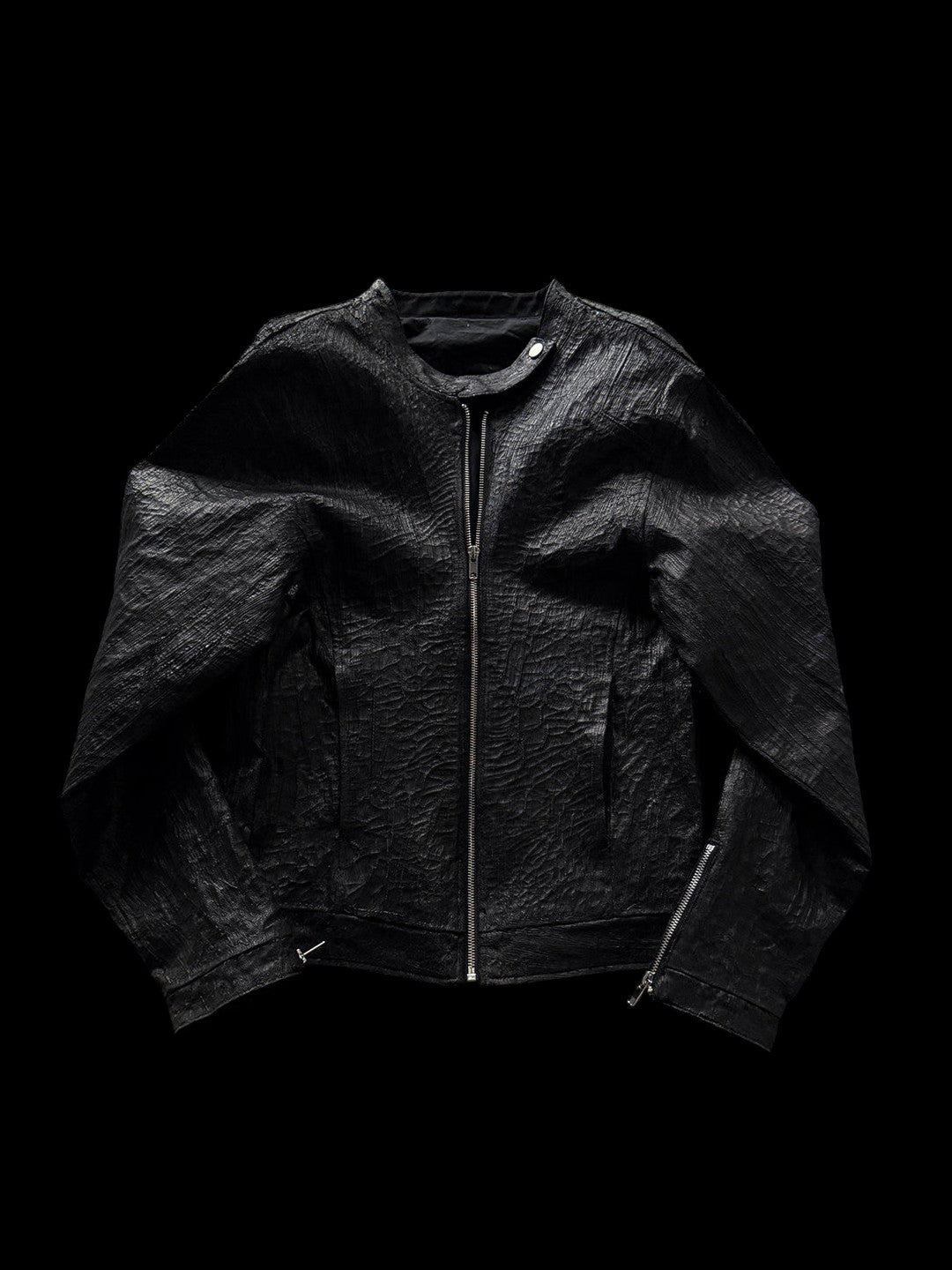 SERONINE CTX-51 Waxed Texture Crackle Double-Zip Jacket - open front and lining view