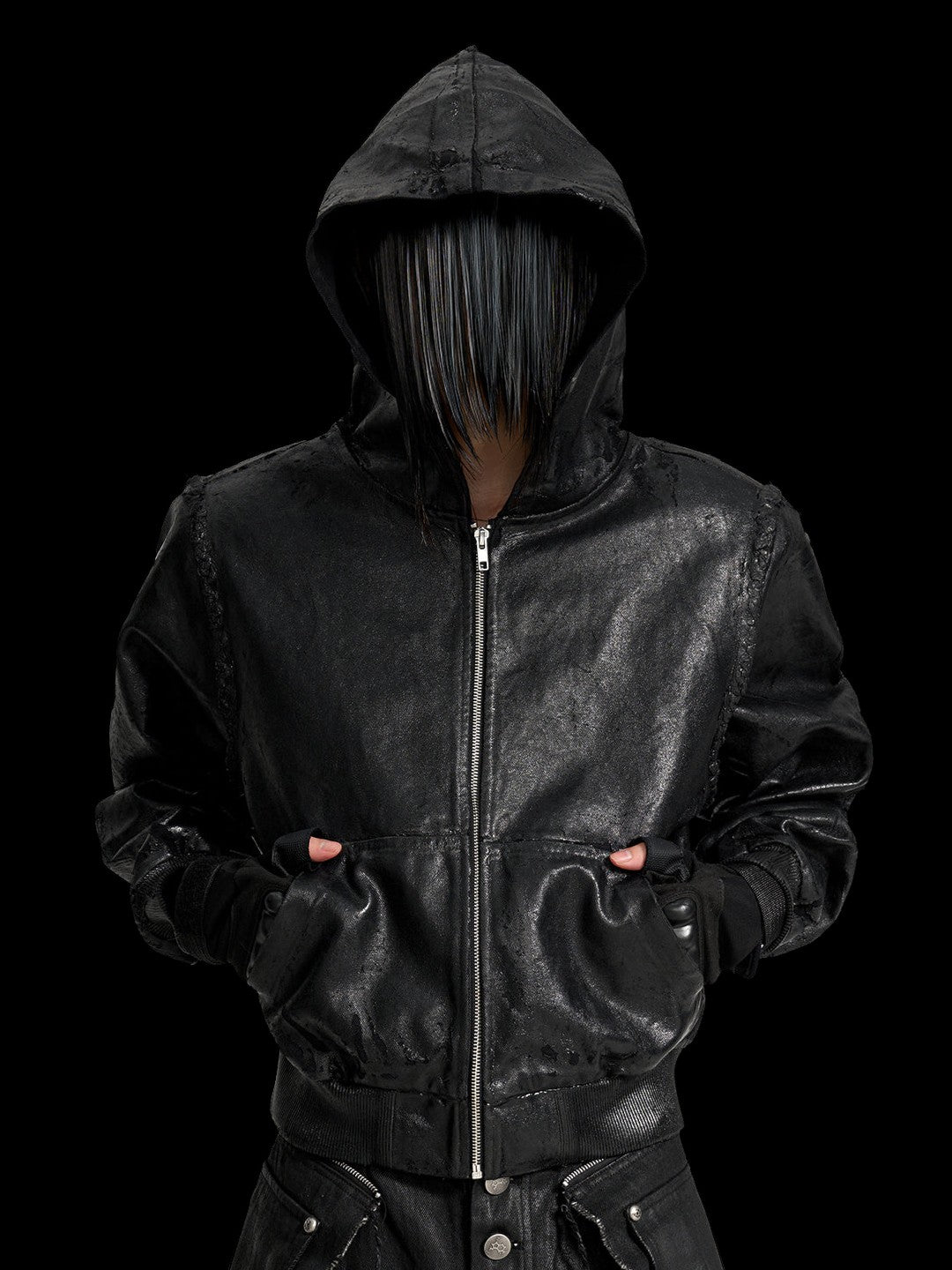 SERONINE VAR-44 Black Cracked Coated-Canvas Zip Hoodie - front fit with hood up