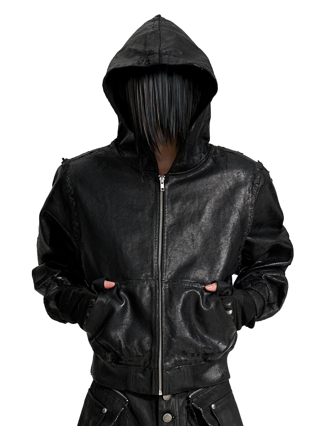 VAR-44 Molting Shell Coated-Canvas Zip Hoodie with cracked black coating, raw fringe shoulders, YKK zipper, and worn-in surface.