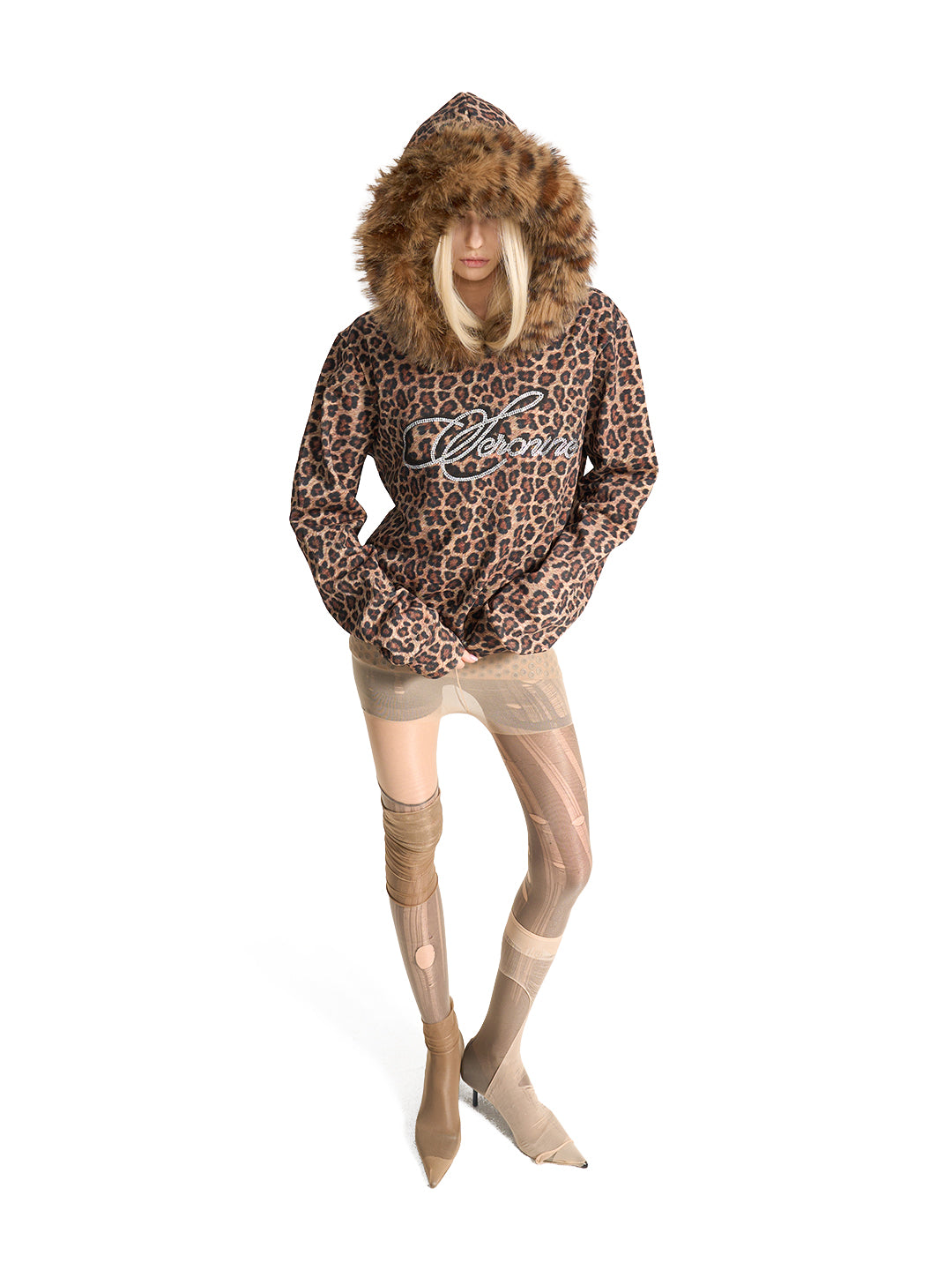 SERONINE VAR-40 Leopard Print Faux-Fur Hood Hoodie - walking pose on model