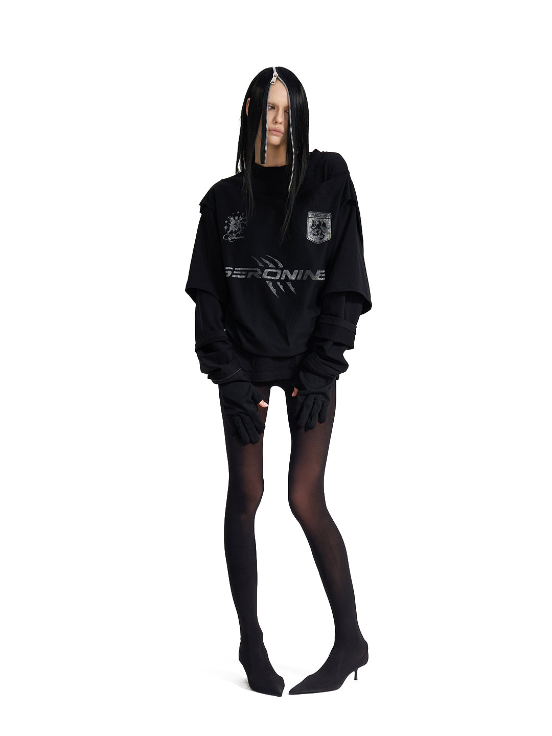 SERONINE VAR-39 Faux-Layer Thumbhole Layered Long Sleeve Top - front fit on model