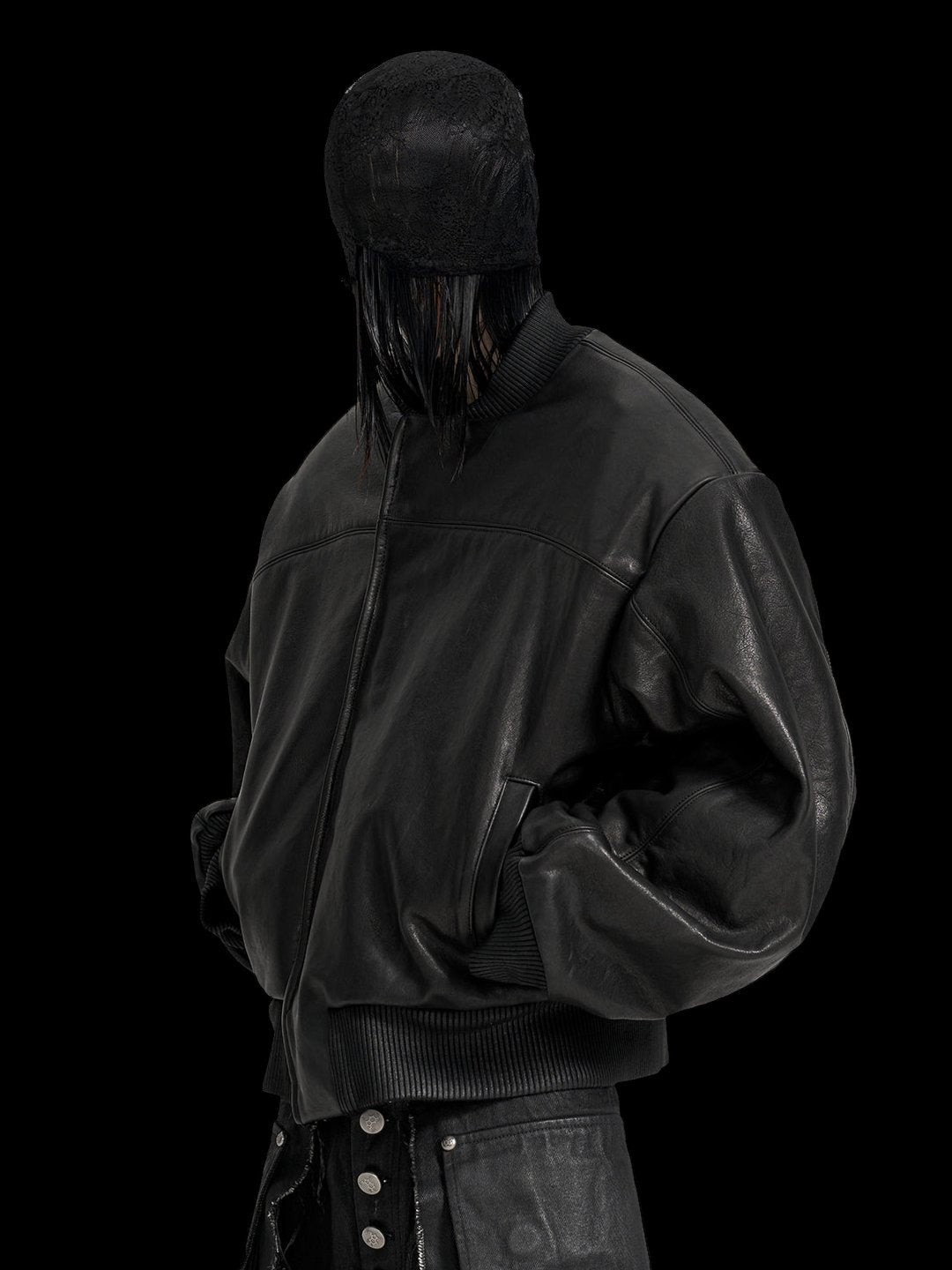 SERONINE VAR-45 Black Zip-Sleeve Leather Bomber Jacket - angled fit on model