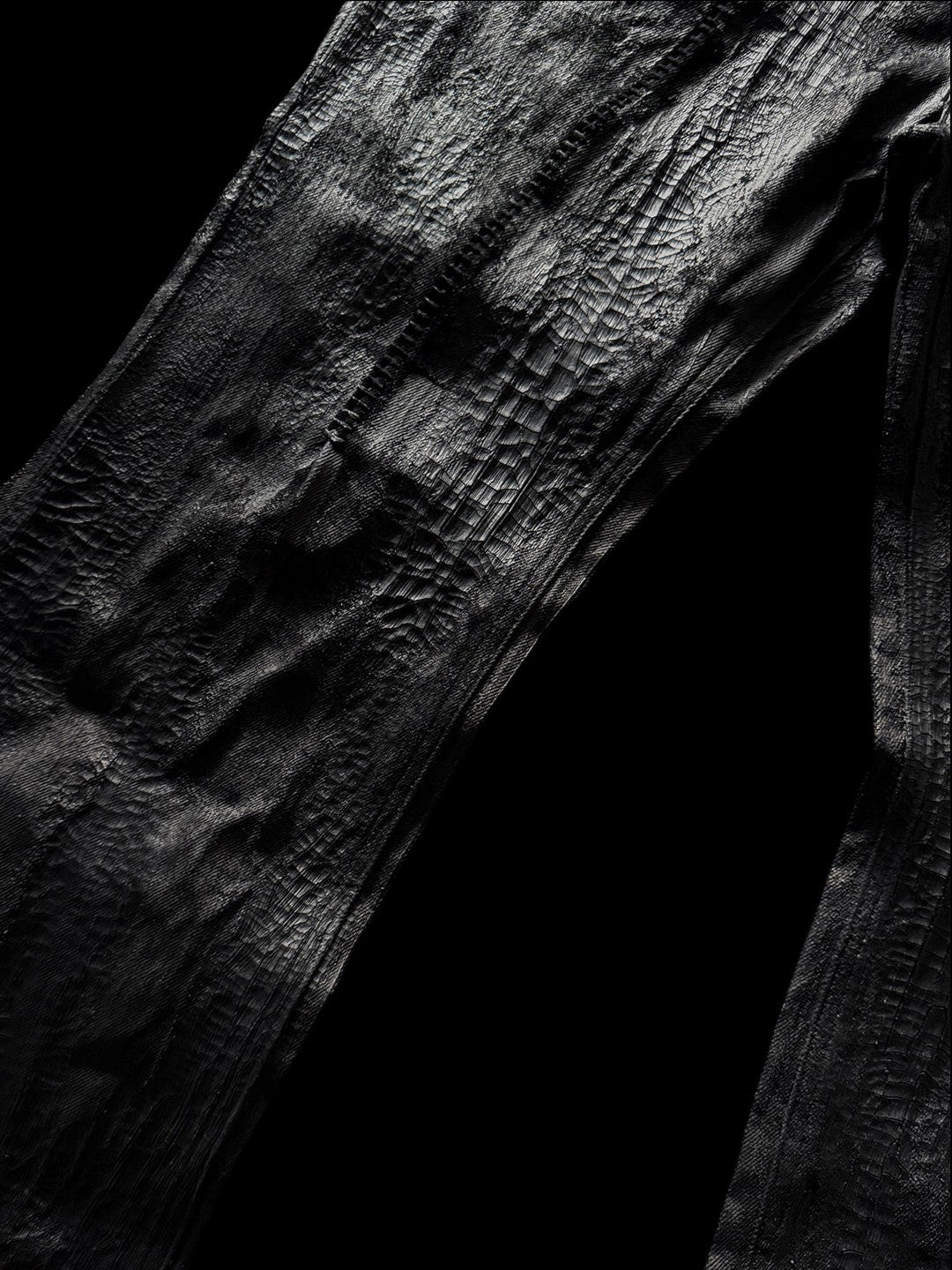 SERONINE CTX-55 Wax-Coated Structural Black Jeans - leg texture and seam detail