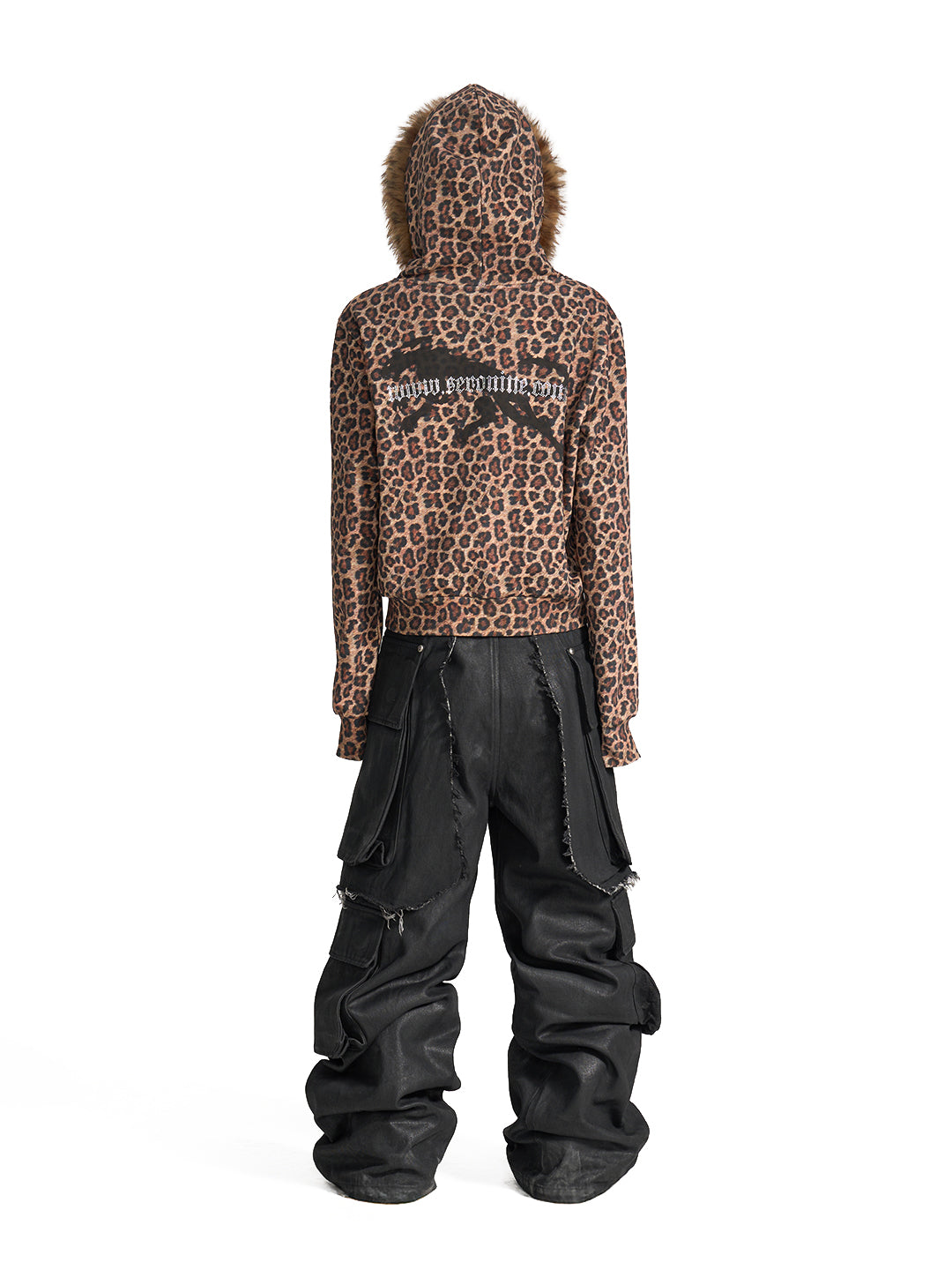 SERONINE VAR-40 Leopard Print Faux-Fur Hood Hoodie - back full-length fit on model