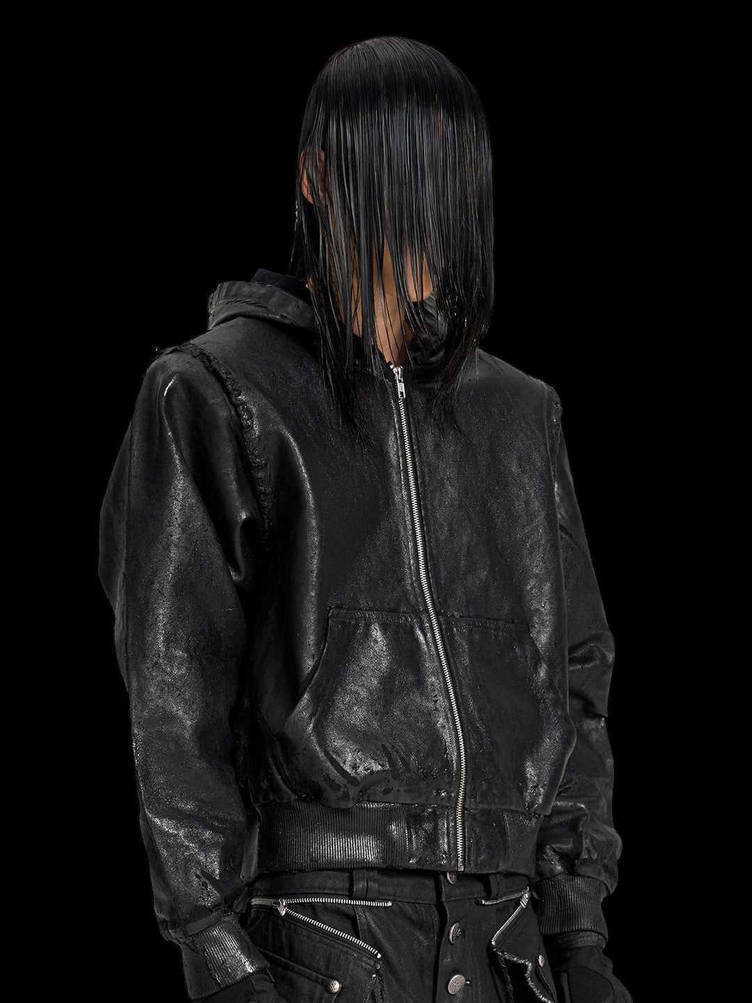 SERONINE VAR-44 Black Cracked Coated-Canvas Zip Hoodie - angled fit with hood down