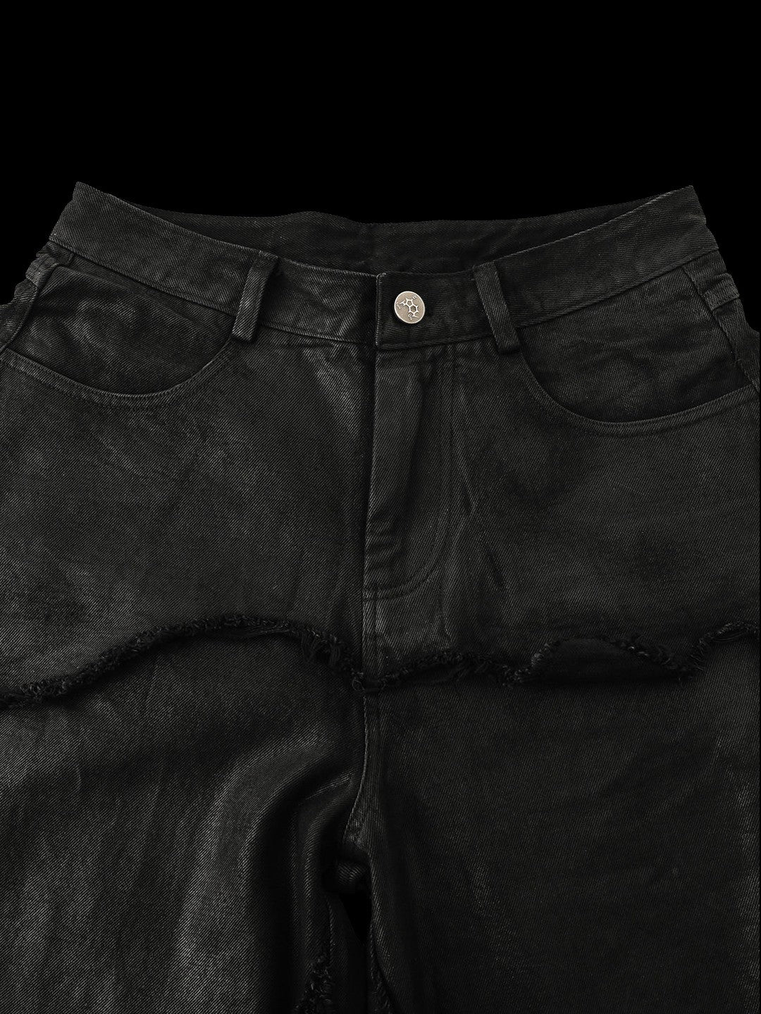 SERONINE VAR-46 Black Wax-Crack Distressed Wide-Leg Jeans - front waistband and fly detail