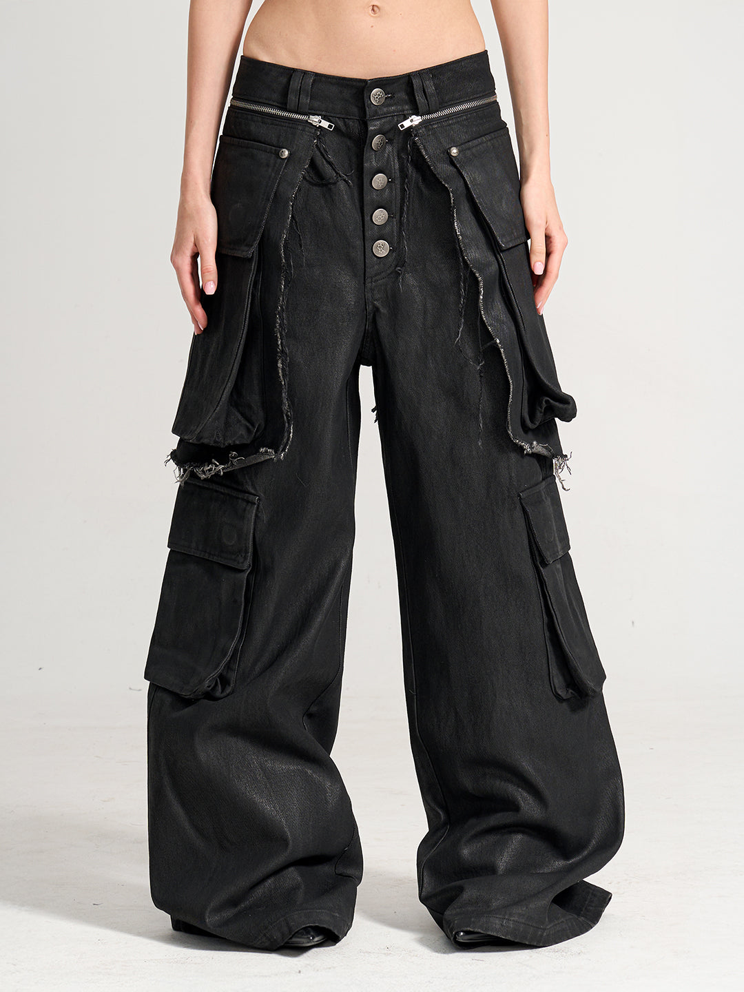 SERONINE VAR-47 Black Wax-Brushed Layered Wide-Leg Jeans - front fit on studio model