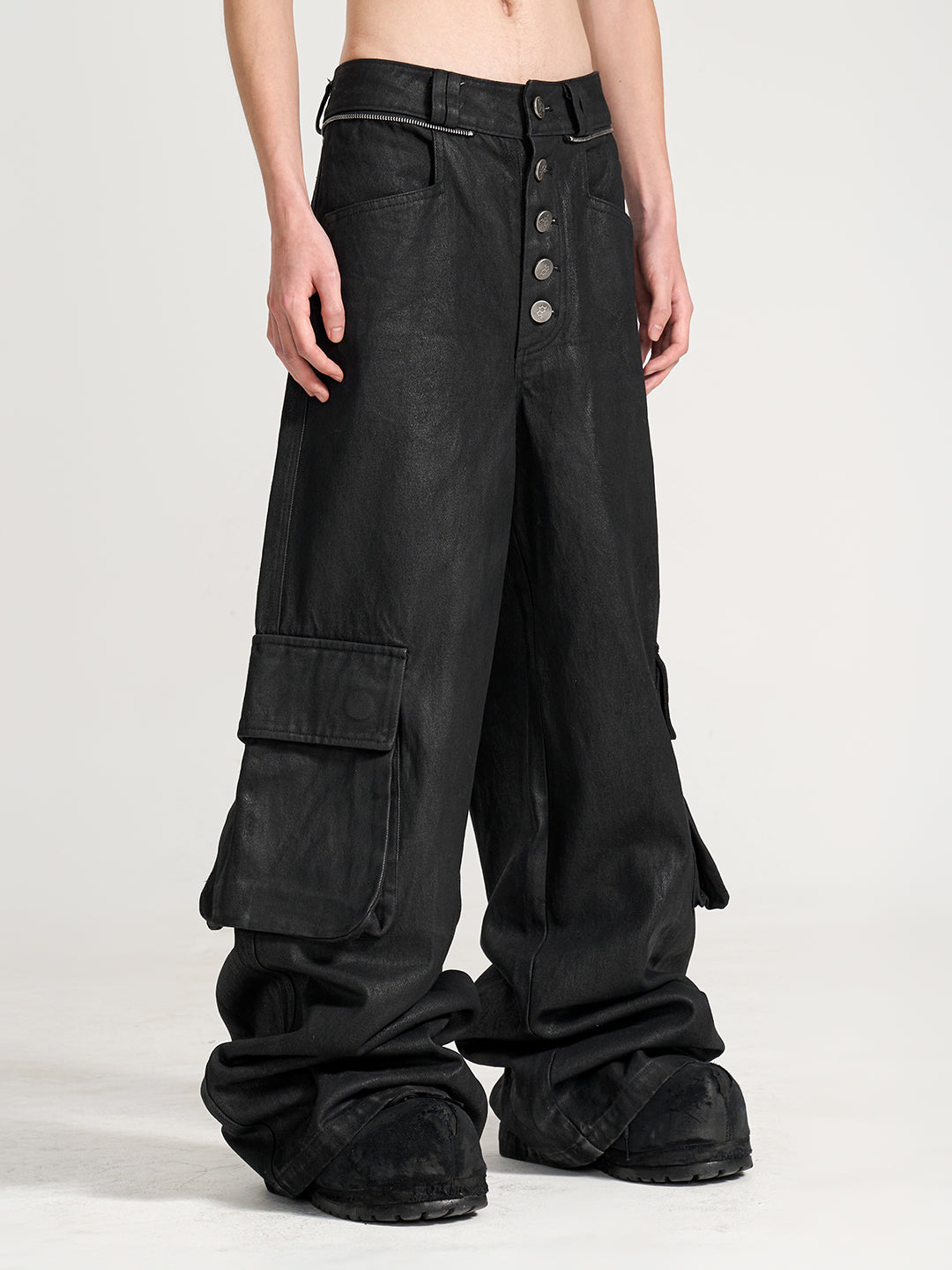 SERONINE VAR-47 Black Wax-Brushed Layered Wide-Leg Jeans - side fit on studio model