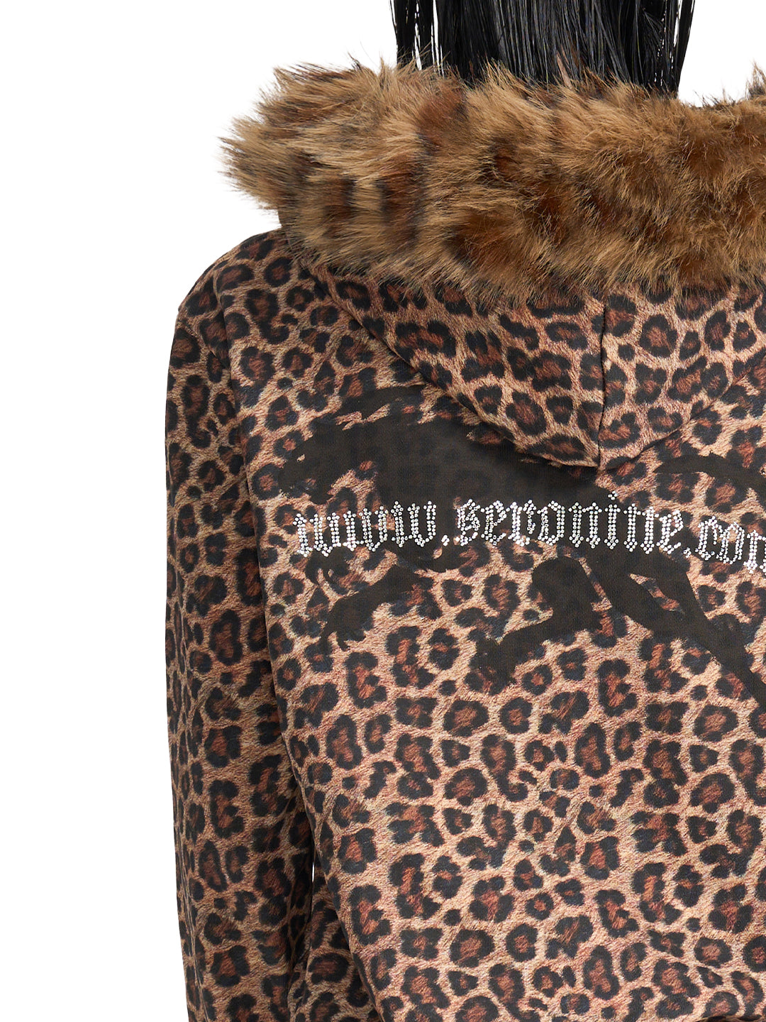 SERONINE VAR-40 Leopard Print Faux-Fur Hood Hoodie - back logo and hood trim close-up