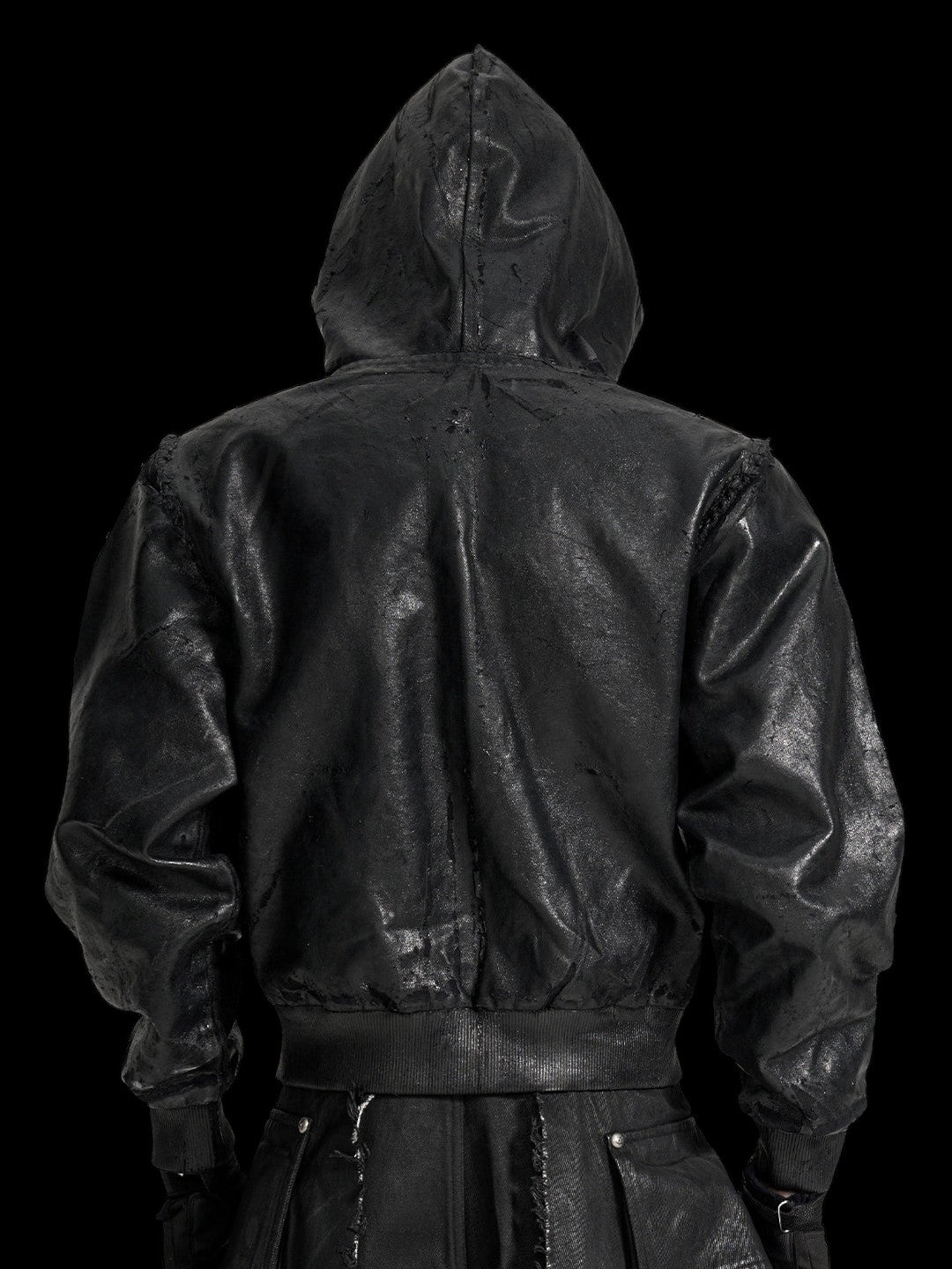 SERONINE VAR-44 Black Cracked Coated-Canvas Zip Hoodie - back fit with hood up