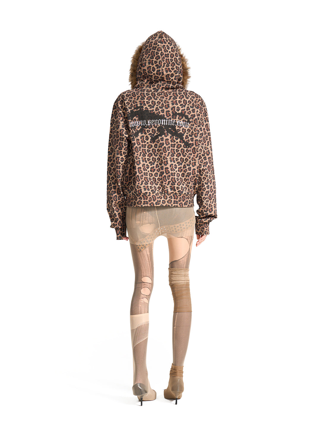 SERONINE VAR-40 Leopard Print Faux-Fur Hood Hoodie - back outfit on model