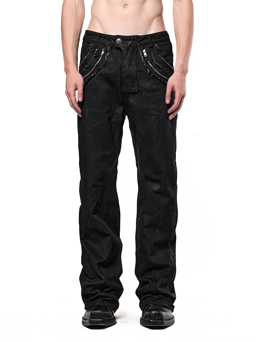 SERONINE CTX-54 Wax-Coated Frayed-Edge Zip Denim Pants - front fit on model