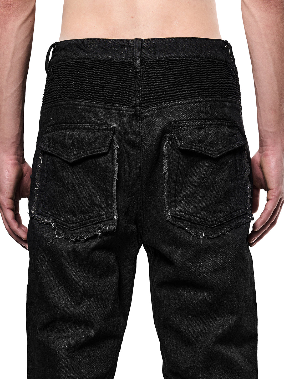 SERONINE CTX-54 Wax-Coated Frayed-Edge Zip Denim Pants - back pocket detail