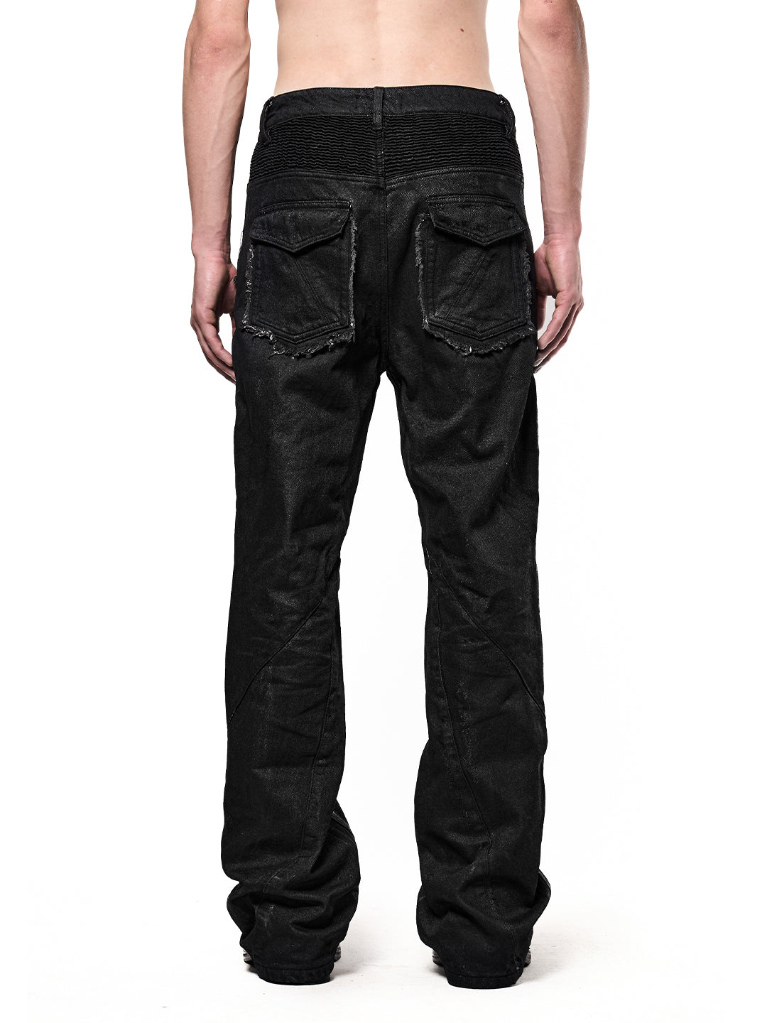 SERONINE CTX-54 Wax-Coated Frayed-Edge Zip Denim Pants - back fit on model
