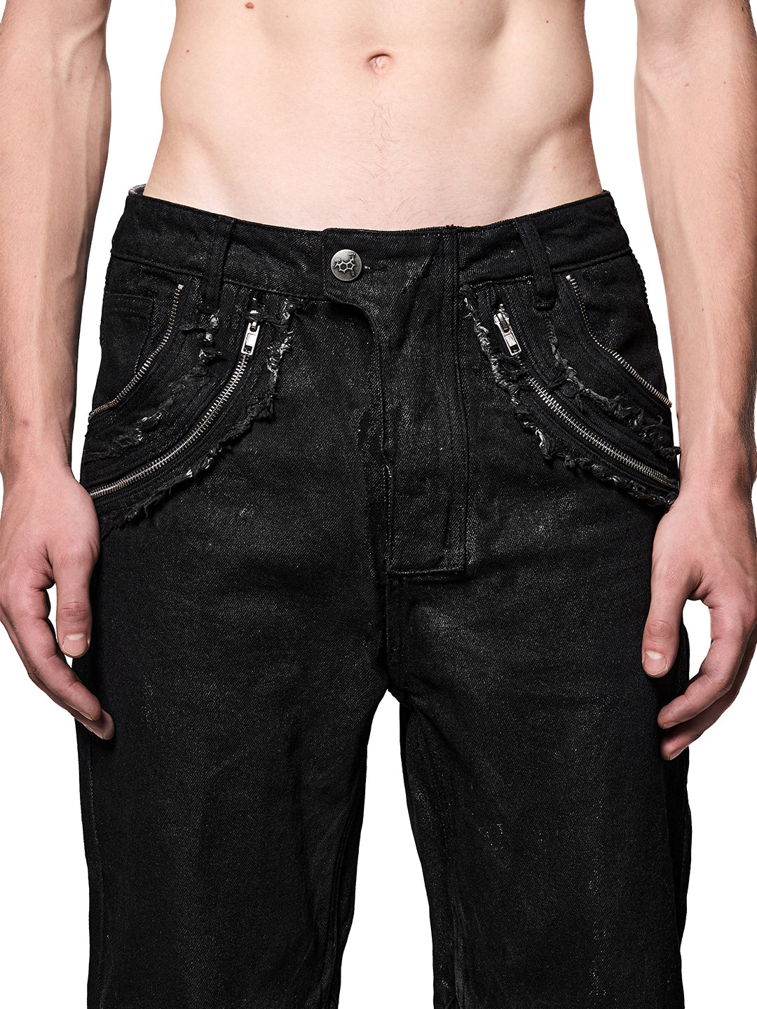 SERONINE CTX-54 Wax-Coated Frayed-Edge Zip Denim Pants - front waist and zip detail