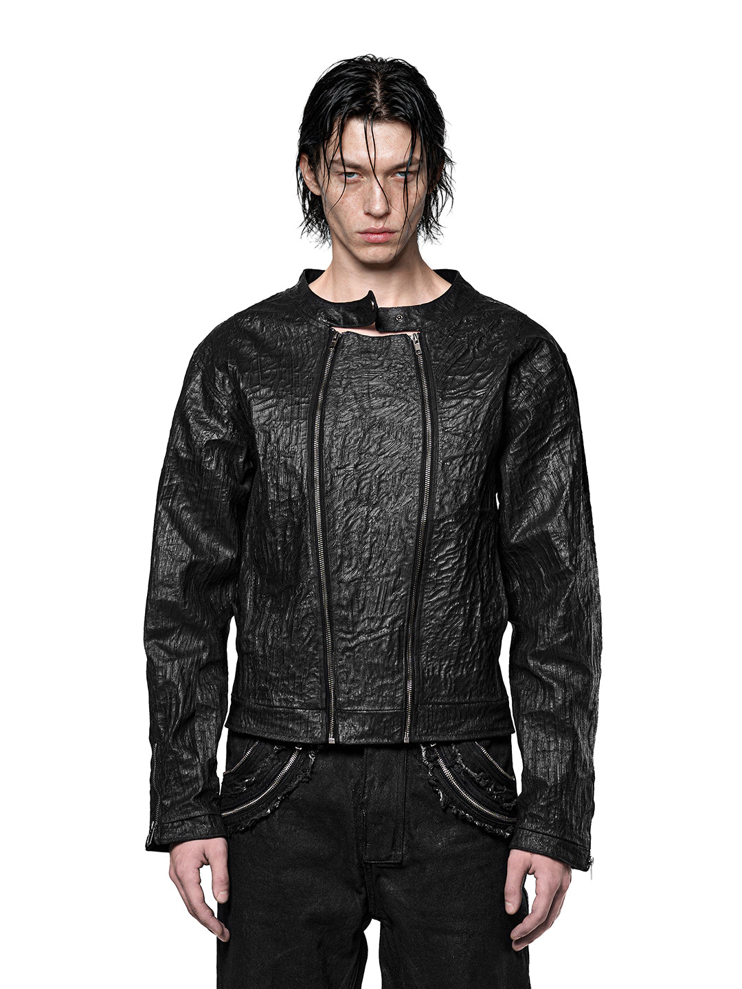 SERONINE CTX-51 waxed crackle double-zip jacket with shell-like texture
