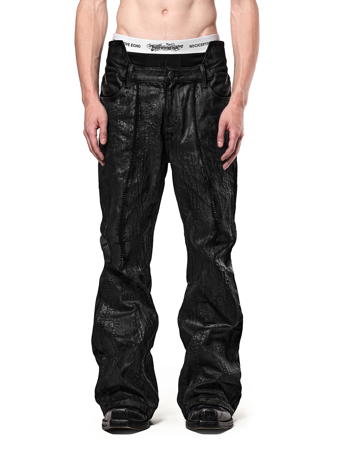 SERONINE CTX-55 Wax-Coated Structural Black Jeans - front fit on model