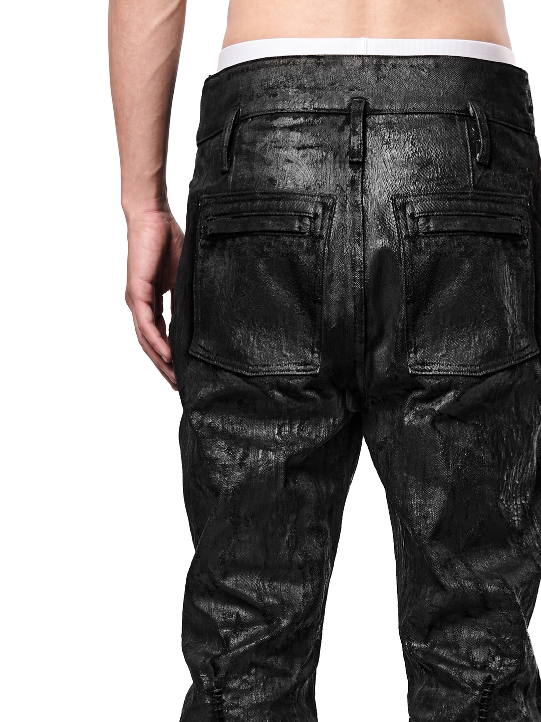 SERONINE CTX-55 Wax-Coated Structural Black Jeans - back waistband and pocket fit detail