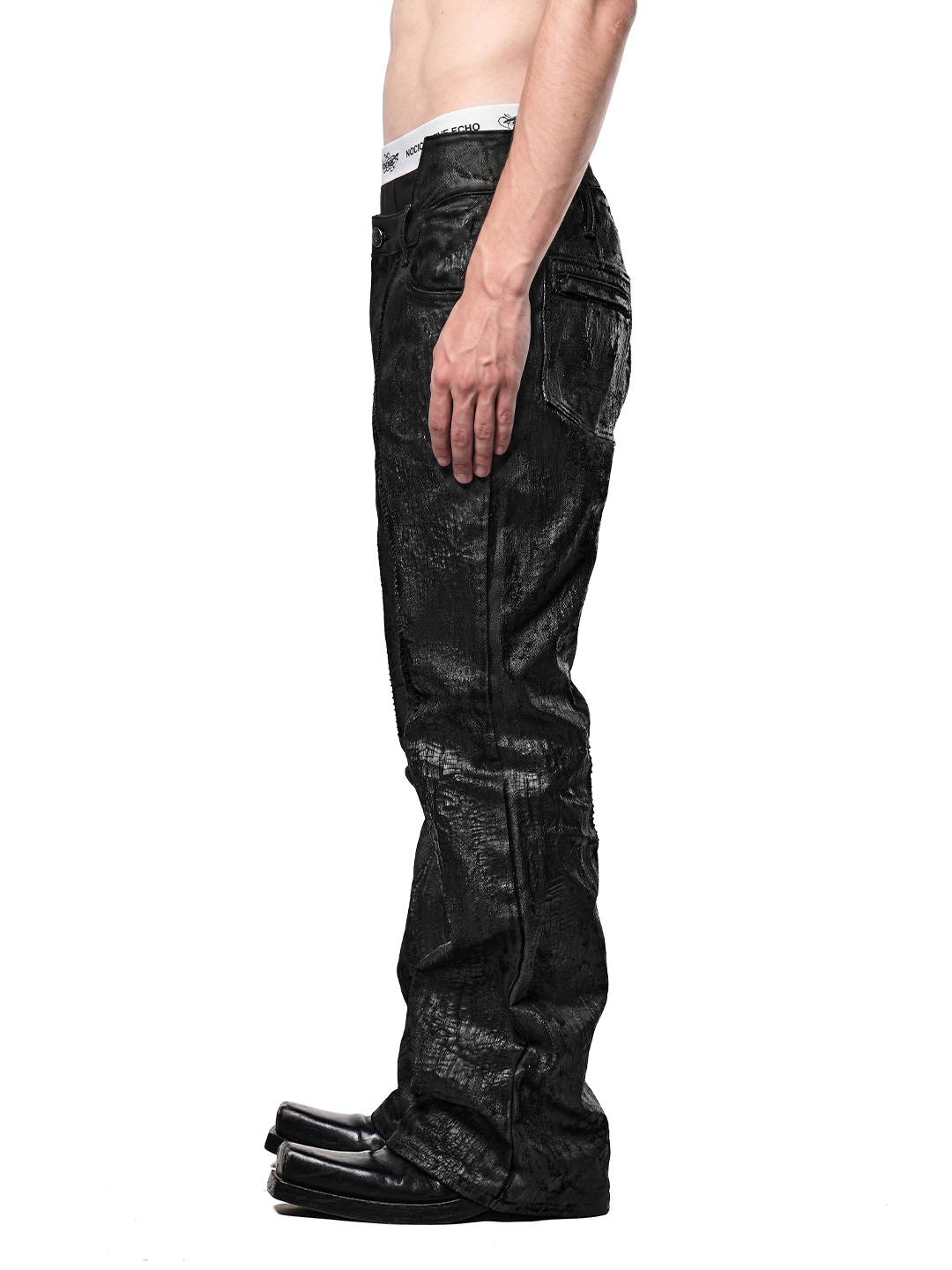 SERONINE CTX-55 Wax-Coated Structural Black Jeans - side fit on model